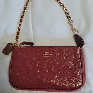 Coach Embossed Clutch in Deep Red with Gold Accents